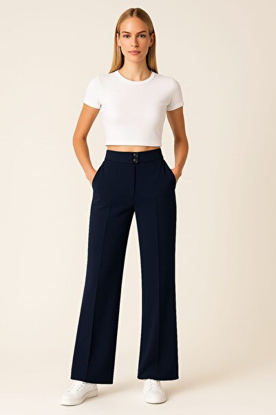 enmodaiçgiyim Promotional Price Navy Blue High Waist Wide Leg Palazzo Pants – Stretchy Textured Fabric, Wide Leg