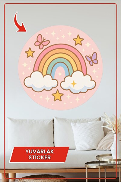 KOSS Dijital Autocolant rotund cu curcubeu roz, cu fluture înstelat înnorat, ...