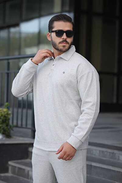 BİRBEYSTORE Men's Top and Bottom Set Polo Neck Thessaloniki Fabric Comfortable Fit Elastic Waist Bottom Cotton