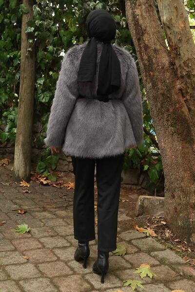Modamihram Belted Fur Jacket Gray 19278