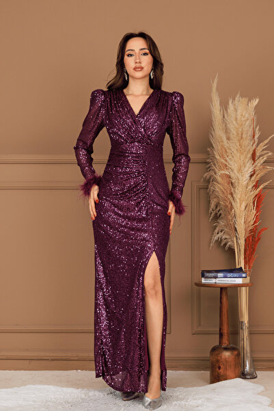 BEYBOS Rochie de seară cu paiete din țesătură Otriş - PATLICAN PURPLE