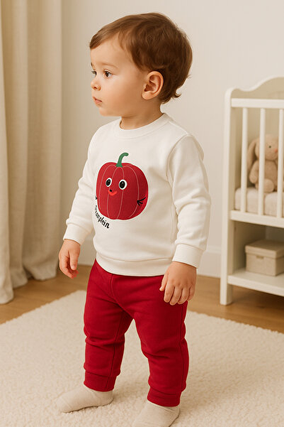 dinamik çocuk Baby Boy/Child Cute Pumpkin Embossed Patterned 2-Piece Set Top and Bottom 2-Thread Seasonal 6-9-12-18 Months