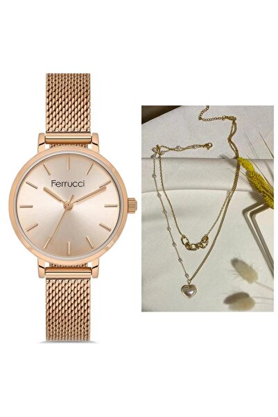 Ferrucci Minimal Kasa Hasır Ayarlanabilir Çelik Kordon Kadın Kol Saat+Çelik Kolye Hediye