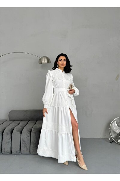 suphias Lace Detailed Lined Belted Atlas Fabric Dress