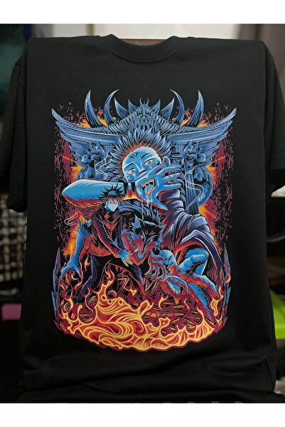 FG KONNİCHİWA Jujutsu Kaisen Anime Printed Unisex Black Tshirt Gojo Ryomen Sukuna Kento Nanami Itadori