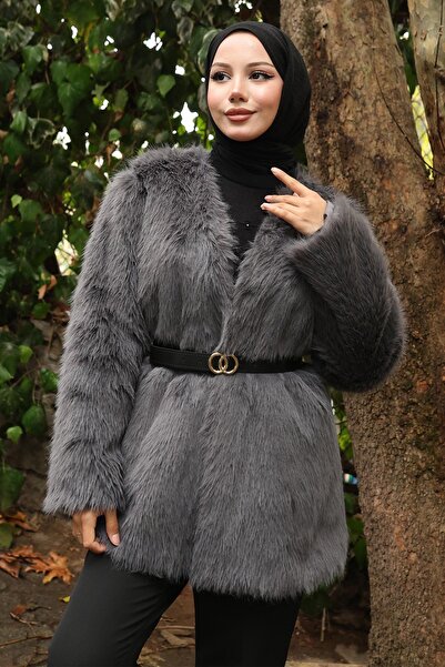 Modamihram Пальто з капюшоном і хутром, сіре 19278