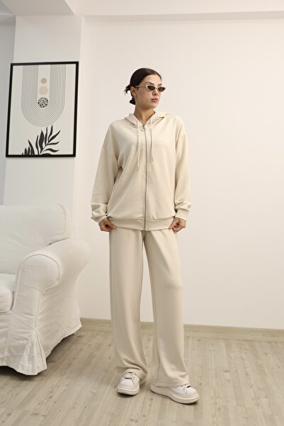 b buhari bykoc Hooded Zippered Wide Leg Modal Fabric Tracksuit Set