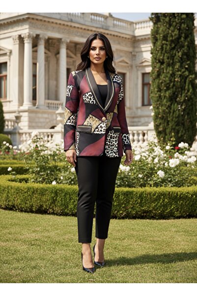 1Moda1Tarz Imported Fabric Leopard Print Gold Pattern Chain Detail Lined Special Design Stylish Jacket Pants Set