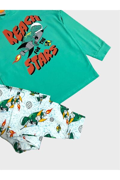 ALİŞ KİDS Boys' Cotton Green and White Dinosaur Patterned Seasonal Long Sleeve Pajama Set