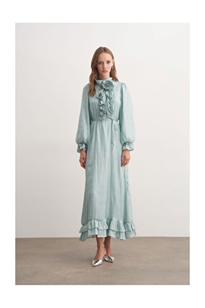 FUSHYA Rose Brooch Ruffle Detailed Evening Dress