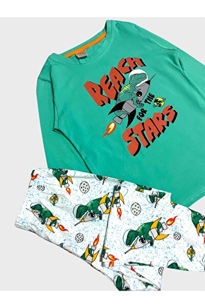 ALİŞ KİDS Σετ πιτζάμες με μακρυμάνικο εποχιακό μοτίβο δεινοσαύρων για αγόρια, βαμβακερό πράσινο και λευκό