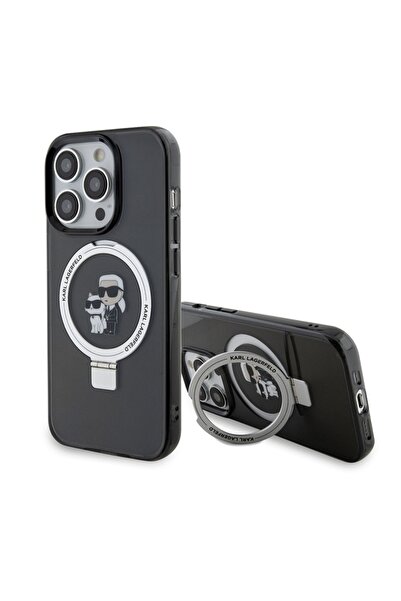 Karl Lagerfeld Husă pentru iPhone 14 Pro, Husă rigidă cu inel și suport MagSafe - Neagră