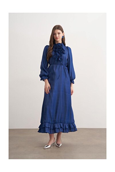 FUSHYA Gül Broşlu Fırfır Detaylı Abiye Elbise