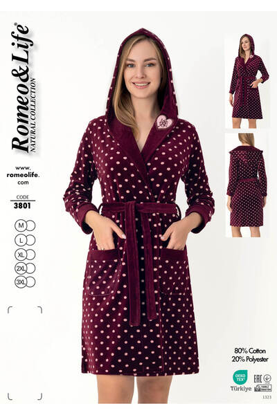 ROMEO LİFE Жіночий халат з капюшоном, м'якої текстури, бавовна та оксамит / бордо-рожевий - 3801