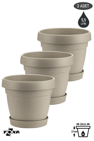 ToXA 3 Adet 5,5 Litre Mono Saksı Seti Tabaklı Drenaj Delikli Plastik Çiçek Saksısı Set