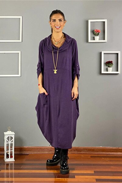 Nevin Kaya Moda فستان قطني بياقة سحرية باللون الأرجواني