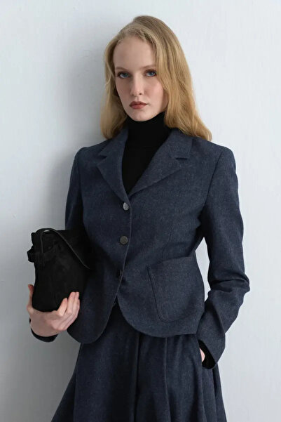 Gusto Waist-Fitted Woolen Jacket - Navy Blue