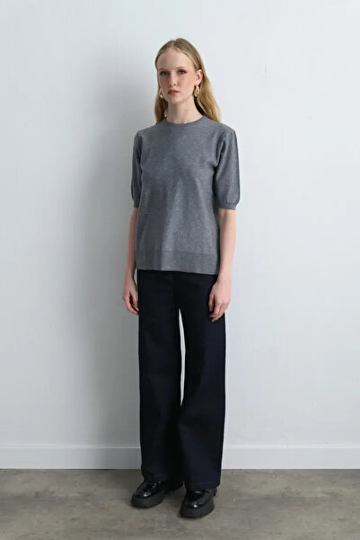 Gusto Pullu Kısa Kollu Triko Bluz - Gri