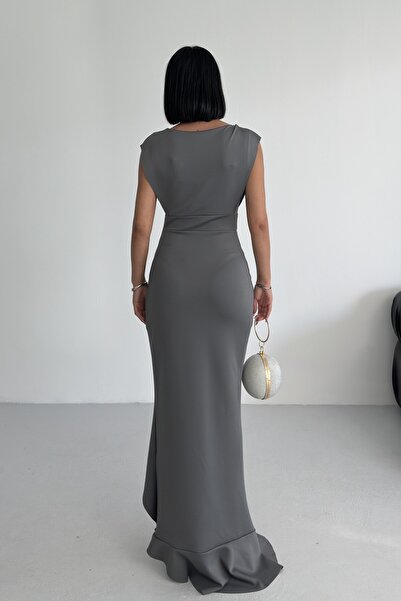 ALFUDO Moda Collection Women's Gray Scuba Diver Fabric Double Breasted Neckline Skirt Flounce Evening Dress Graduation Wedding Dress