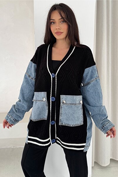 FEMELLE Oversize Knitted Cardigan with Jean Pocket and Sleeve Detail
