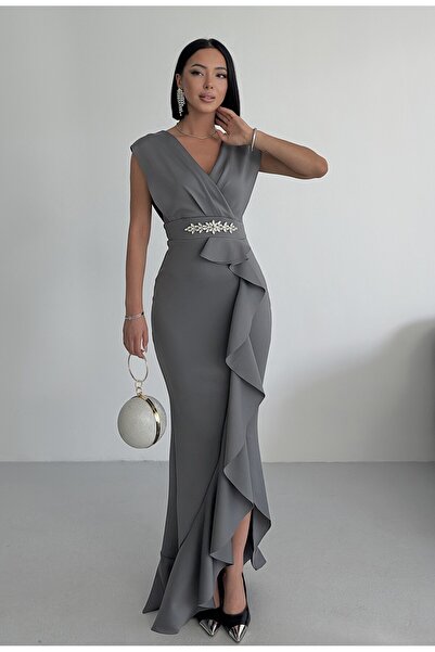 ALFUDO Moda Collection Women's Gray Scuba Diver Fabric Double Breasted Neckline Skirt Flounce Evening Dress Graduation Wedding Dress