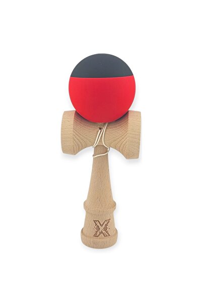 LEIBOO Kendama profesionala LEIBOO, Lemn, Bila Cauciucata, 18 cm, Bicolor Rosu-Negru
