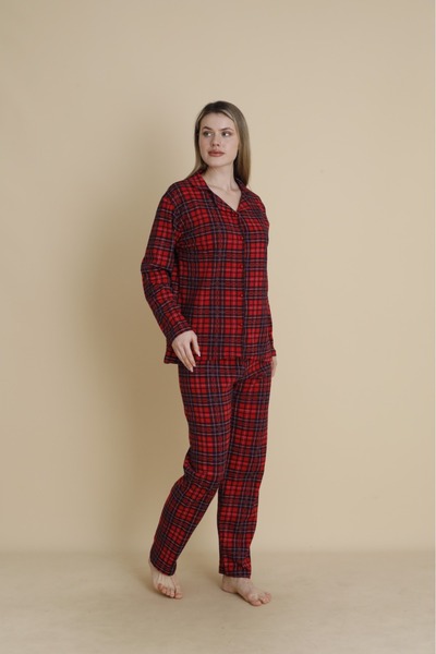 Ercan SET DE PIJAMĂ ROȘU CU CAROȚI PENTRU FEMEI