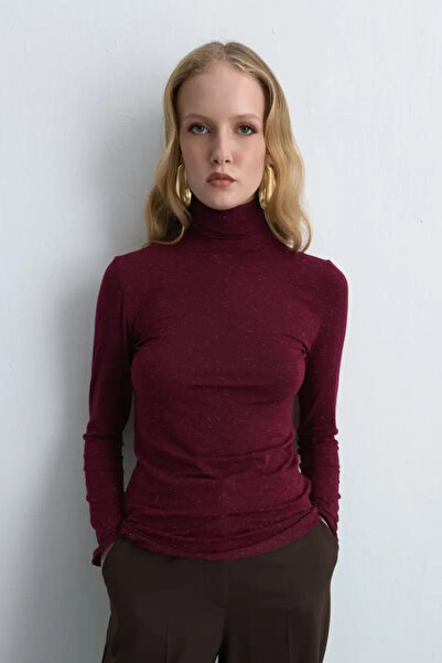 Gusto Turtleneck Cashmere Glitter Blouse - Burgundy
