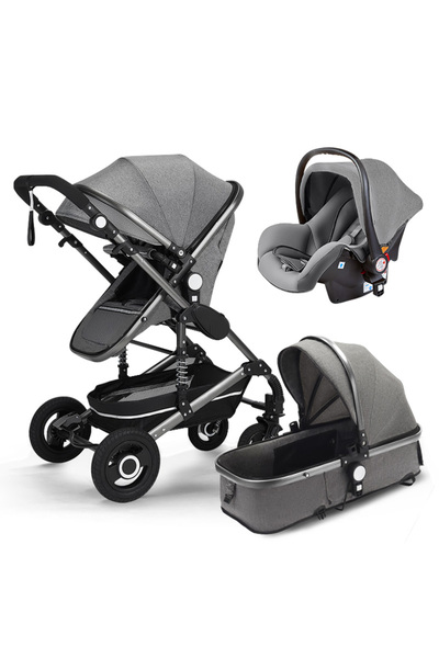 Generic 3-in-1 Baby Stroller with Carrycot, Car Seat & Reclining,Travel Stroller, 0-3 years Grey and Black