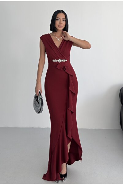 ALFUDO Moda Collection Kadın Bordo Scuba Dalgıç Kumaş Kruvaze Yaka Eteği Volanlı Abiye Mezuniyet Nikah Elbise