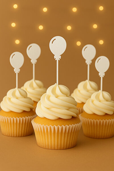 Atolye Doruk 20Pcs White Balloon Cupcake Picks- Birthday Cake Decoration Supplies, Babyshower Cake Picks