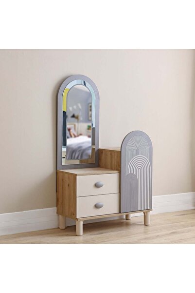 Danube Home خزانة زيتا ذات درجين وباب واحد مع مرآة وإضاءة ليد - أبيض عاجي ورمادي - خشب هندسي - 90×42.1×155 سم