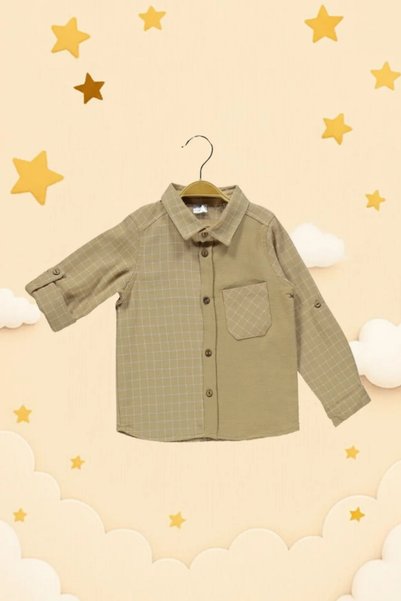 Cattac Kids Erkek Çocuk Haki Bej Yarı Kareli Tasarım Gömlek ve Kargo Cep Pantolon 2'li Takım (2-9 Yaş)