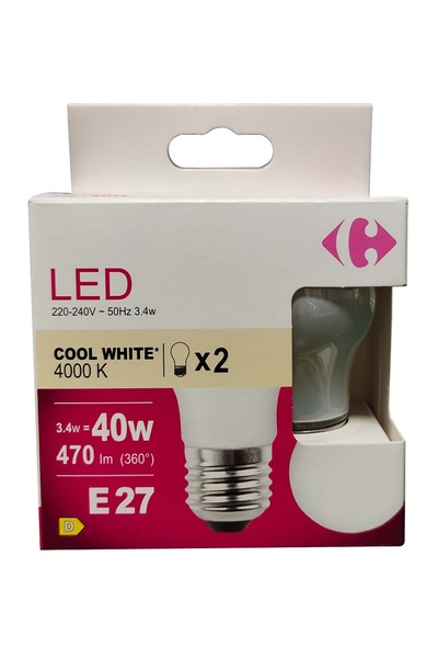 Carrefour Home Set of 2 Carrefour LED bulbs, E27, 40 W, 470 lm, 4000 K, Cool white