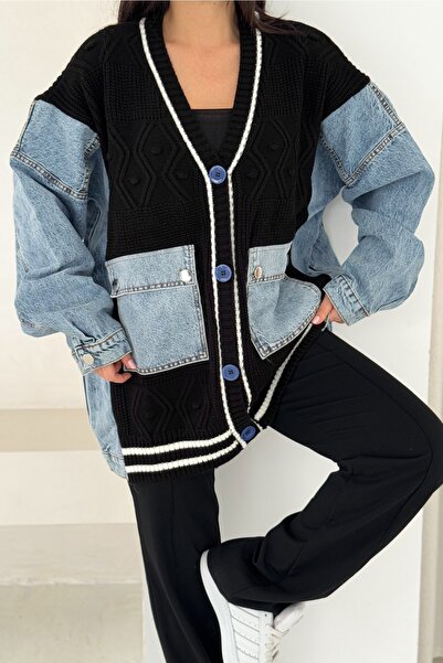 FEMELLE Oversize Knitted Cardigan with Jean Pocket and Sleeve Detail