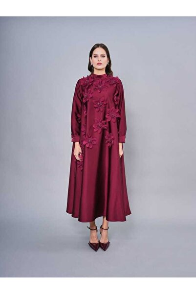 SERPİL 3D Çiçek Aplikeli Salaş Uzun Elbise 51205