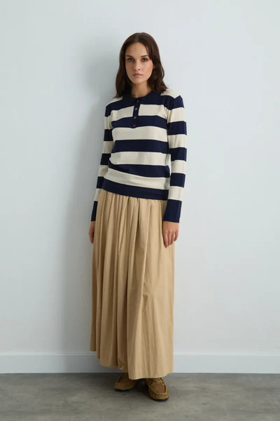 Gusto Polo Neck Striped Knitwear Blouse - Navy Blue