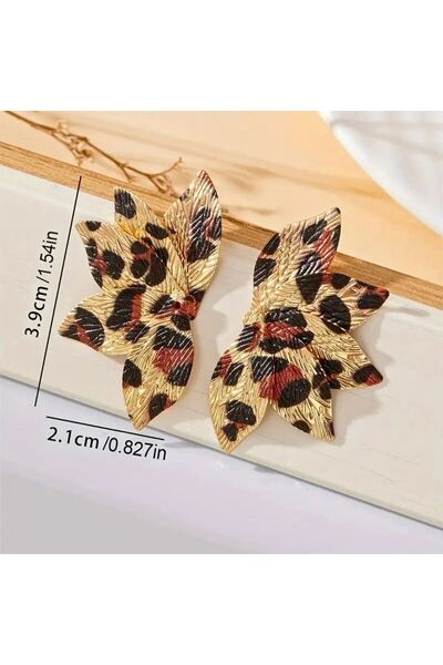 Teo Leopar Desenli Yaprak Şeklinde Zarif Çivi Küpe