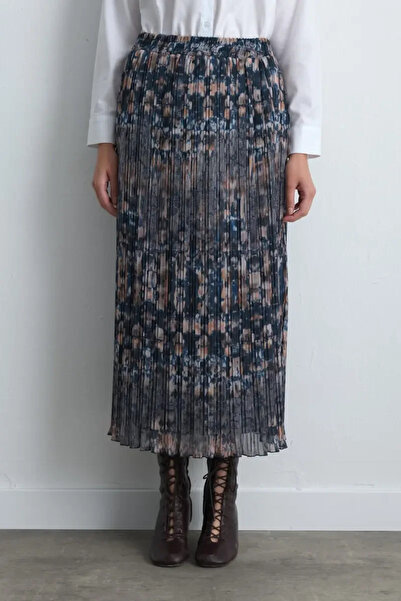 Gusto Patterned Long Pleated Skirt - Navy Blue