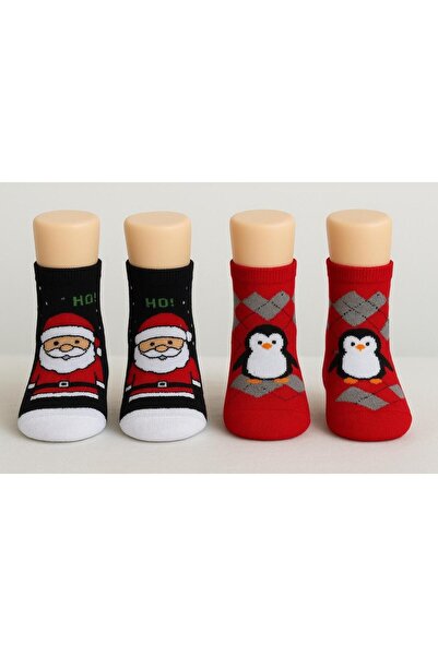 Sarler Kaydırmaz Tabanlı Noel Baba ve Penguen Desenli 2’li Çocuk Çorap Seti K...