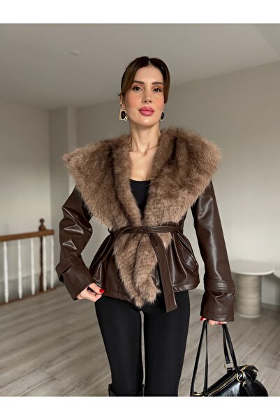 YK FASHION Kürk Yakalı Deri Ceket