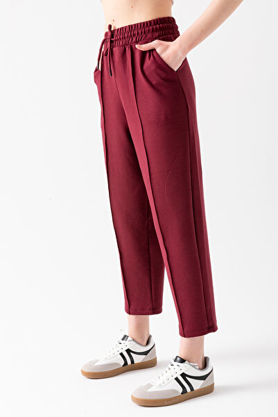 CNRCollection Women's Burgundy Elastic Waist Pocket High Waist Front Ribbed Balloon Mold Modal Fabric Balloon Pants