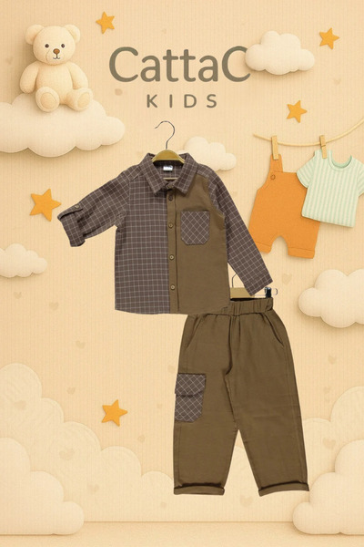 Cattac Kids CattacKids | Çocuklara Özel Kareli Minimalist Takım (Gömlek ve Pantolon) (2-9 Yaş)