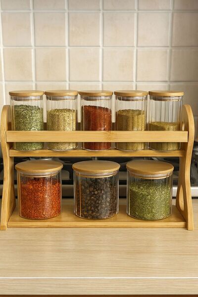 naturelove 8'li Bambu Standlı Cam Baharatlık Seti, Vakum Özellikli Bambu Kapa...