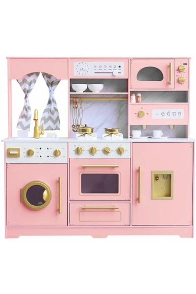 ideal STORE idealSTORE PinkWood Wooden Kitchen, 16 Accessories Included, Makes Specific Sounds, Equipped with Refrigerator