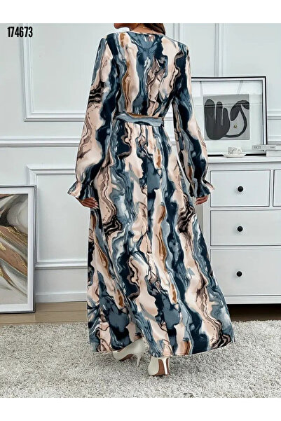 moda wanilia Kruvaze Yakalı Desenli Kadın Maxi Elbise – Uzun Kollu ve Kuşaklı...