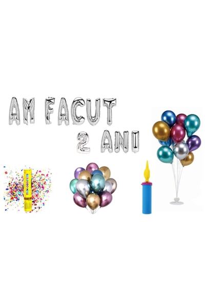 OEM Set baloane aniversare 2 ani, „Am împlinit 2 ani”, argintii, 61 buc
