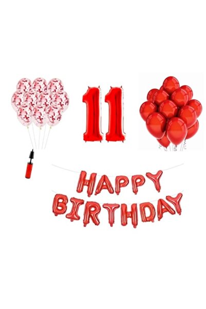 OEM Set de 36 de baloane, La mulți ani, Aniversare 11, Număr folie 100 cm, Roșu