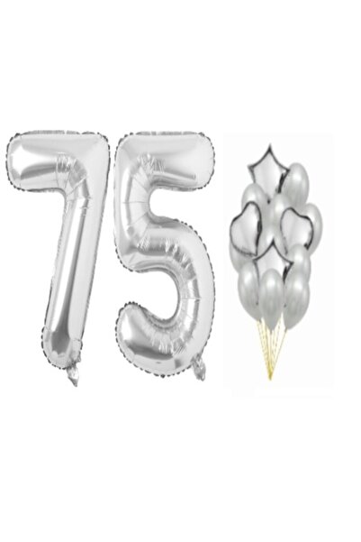 OEM Set de 16 baloane argintii, aniversare 75 de ani, număr 101 cm, steluțe 4...
