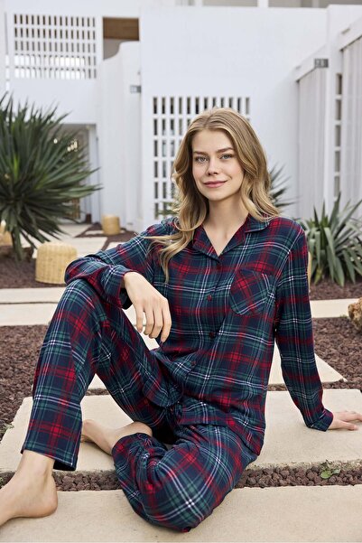 Aydoğan Thermal Plaid Print Front Tie Shirt Collar Women Long Sleeve Pajama Set
